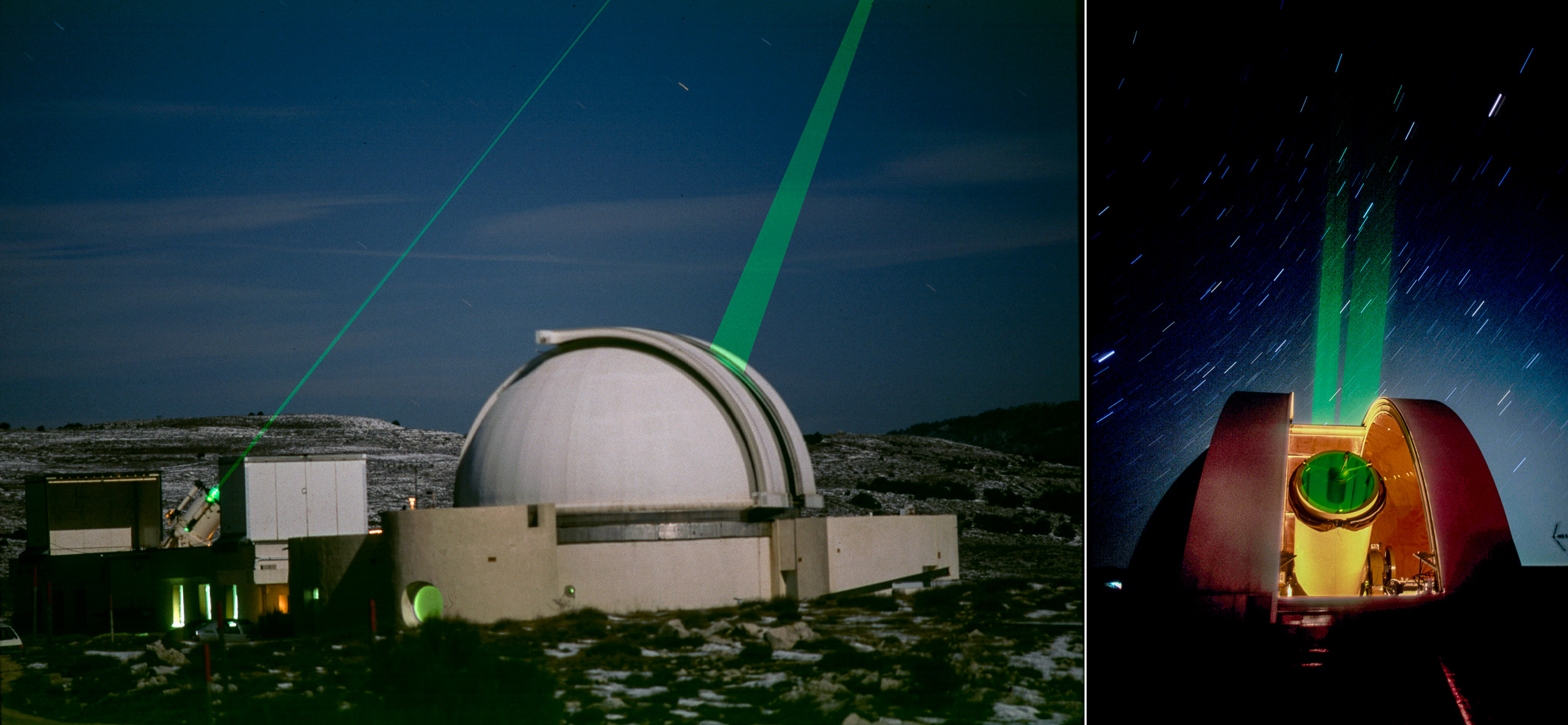 Tir au laser sur la lune - CERGA _ Plateau de Calern - Les deux rayons laser pointés sur un satellite