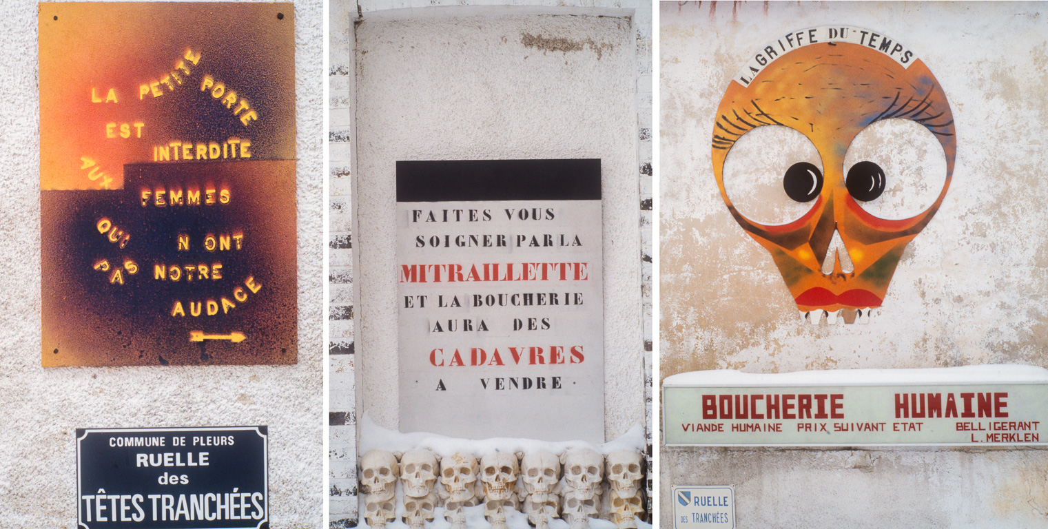 Lucifugus Merklen dans sa ville de Pleurs en Champagne. Des panneaux provocateurs s'affichent à l'extérieur de son atelier.