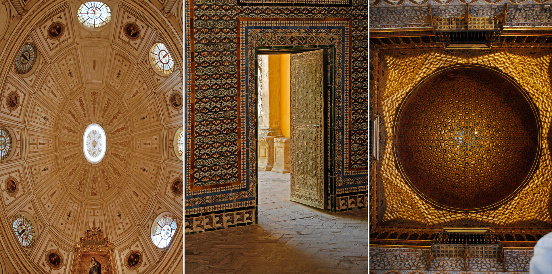 Alcazar., La Cathédrale, Casa Pilatos., patio de Las Donzellas, plafond peint en caissons.