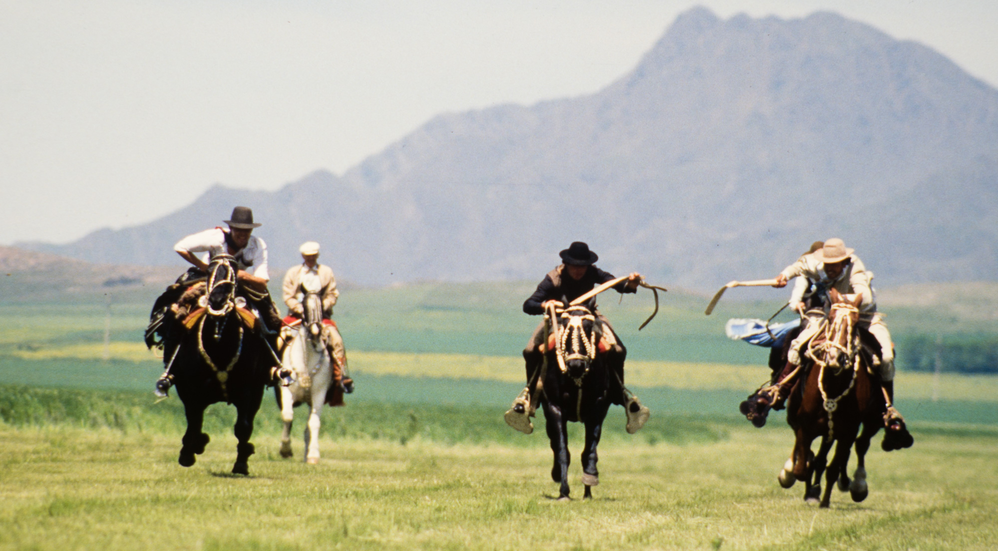 Français installés depuis un siècle et demi. Gauchos au galop devant la Sierra Cura Malal.