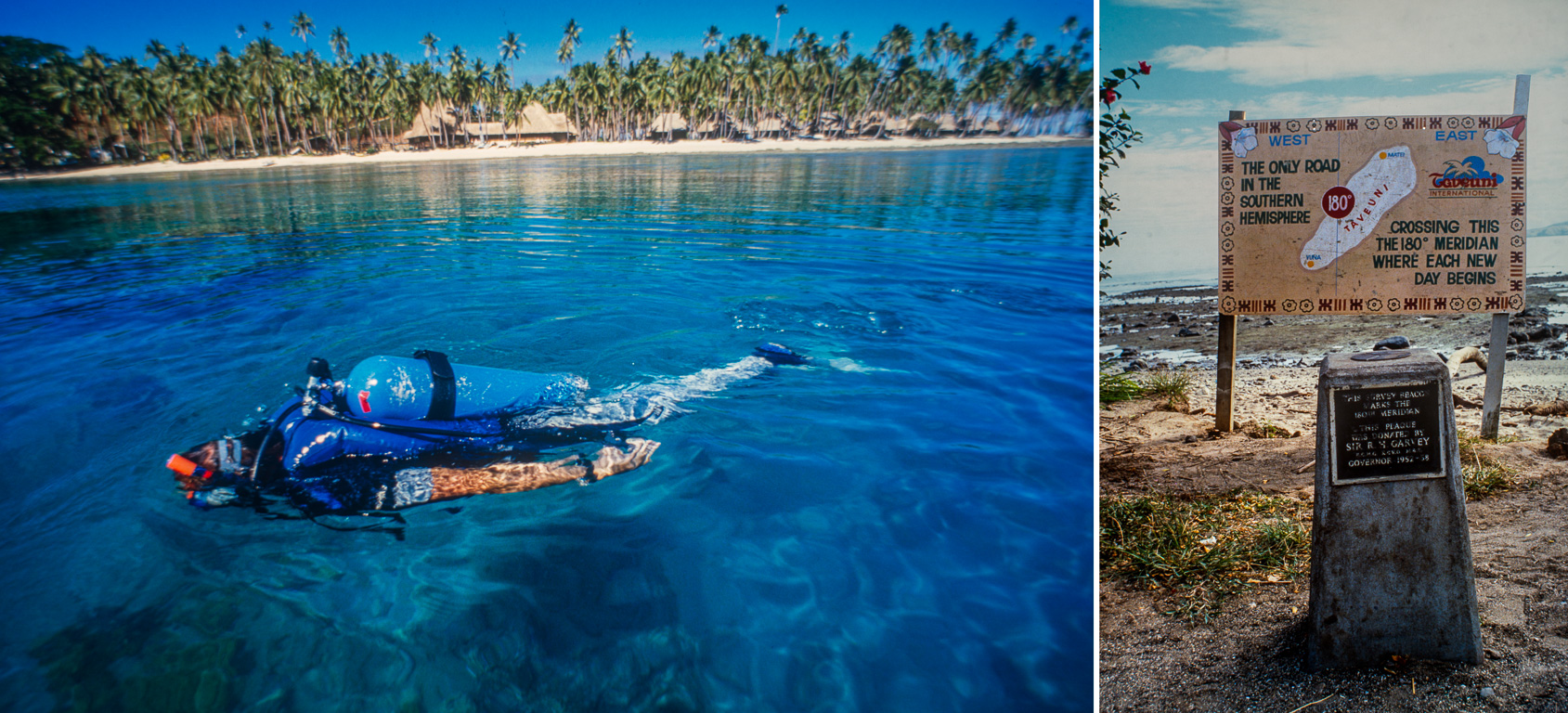 Taveuni. Cette borne sépare de 180° la Date-Line. Il y a un jour de différence entre les deux côtés de la borne. Savu-Savu, hôtel de luxe. Nakoro Resort