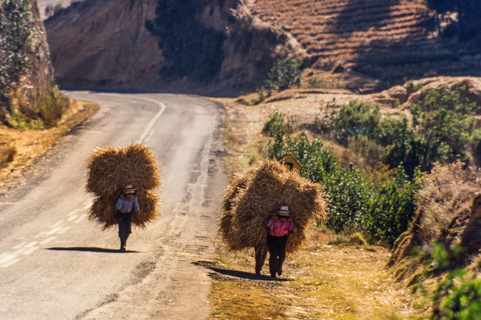 Salcaja. Ces hommes sont chargés comme des mulets et ils arpentent les routes de haute montagne avec une extrême endurance.