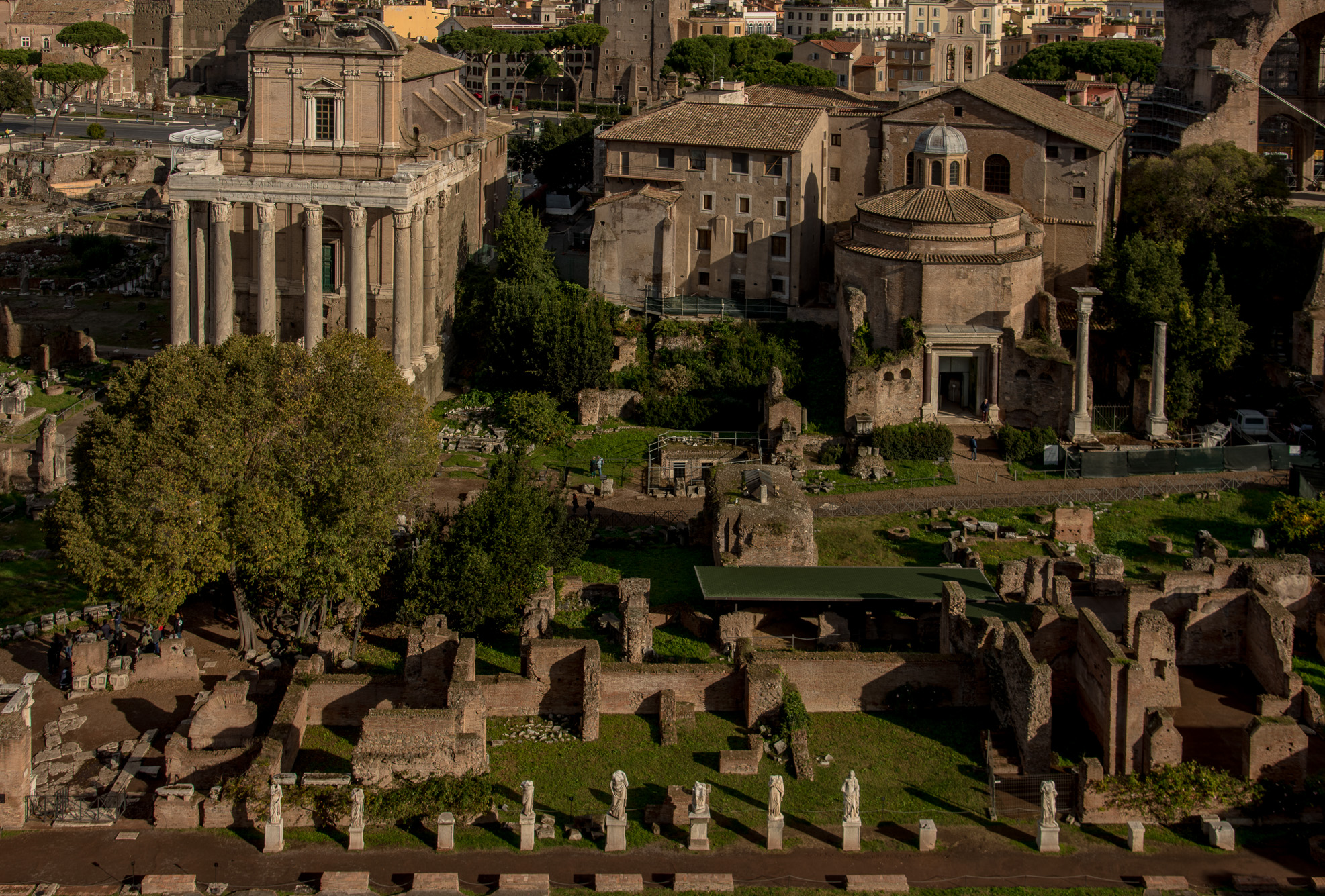 Le Forum romain. Temple d'Antonin et Faustine, Temple de Romulus et Maison des Vestales. . Vue depuis les Jardins Farnese.