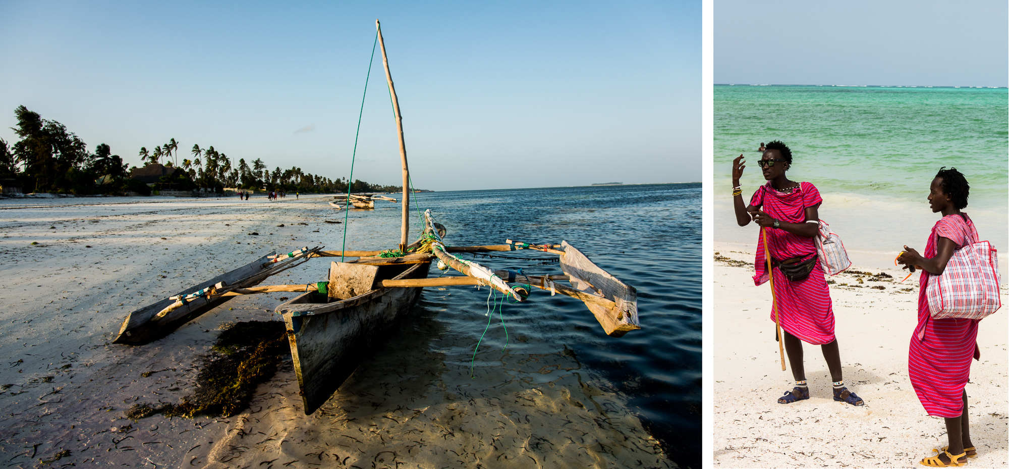 Nungwi. Pirogues à balancier, essentiellement utilisées dans le lagon pour la pêche à la ligne. Vendeurs de souvenir Masaï.