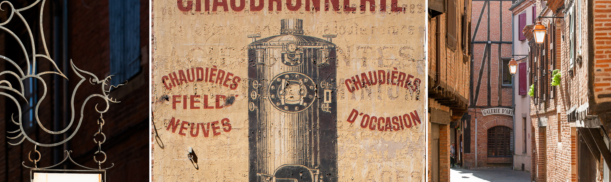 Enseigne, rue Puech Berenguier, ancienne publicité sur un mur, rue Roquelaure et rue Puech Berenguier.
