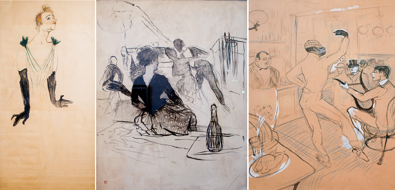 Musée Toulouse Lautrec. Portrait d'Yvette Guilbert - 1894 (fusain rehaussé de peinture à l'essence) .Au bal de l'Elysée Montmartre 1887. (grisaille sur papier). Chocolat dansant.- 1896  (peinture à l'essence, crayon bleu et crayon Conté).