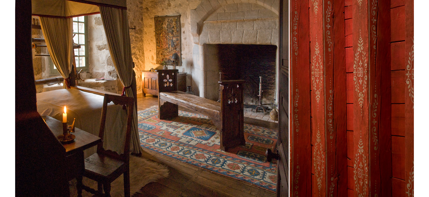 16270 Roumazières Loubert. Château de Peyras.  Chambre du XVème siècle - Lit à baldaquin et meubles du XVème siècle.