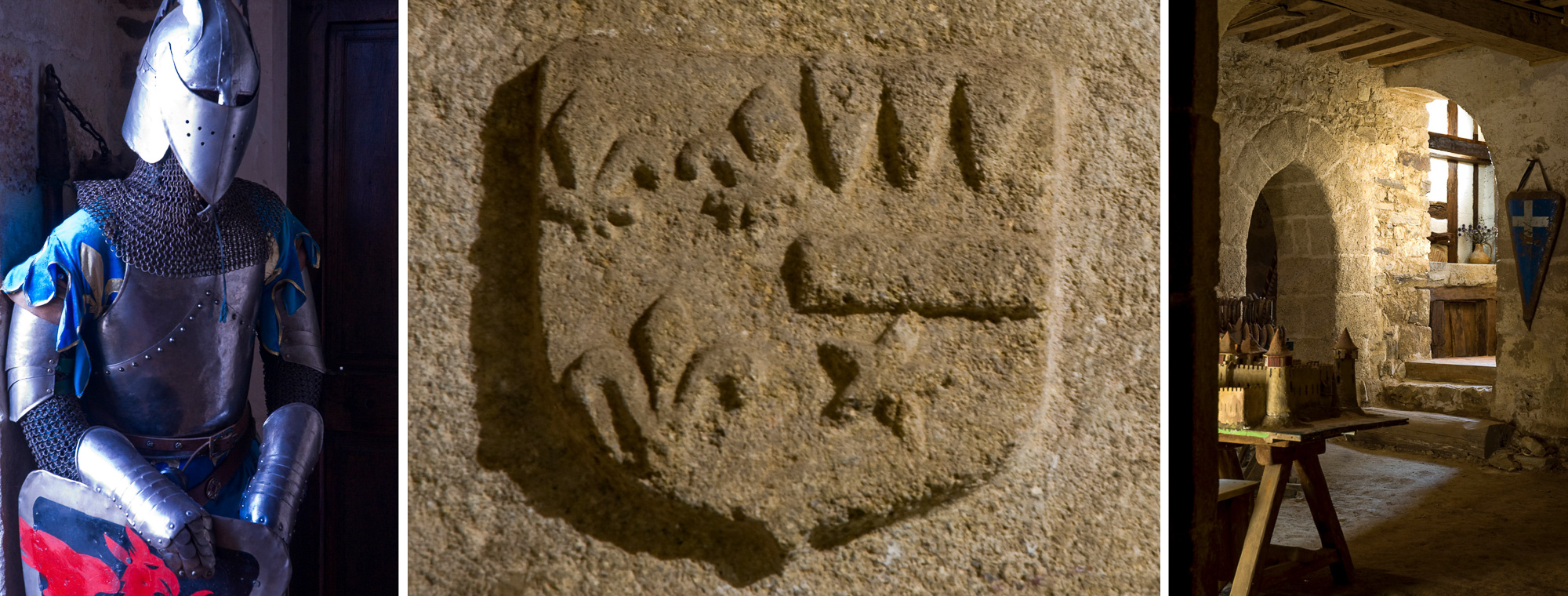 16270 Roumazières Loubert. Château de Peyras.     Armure entièrement fabriquée par Guy Boin et le blason d'un seigneur ayant vécut ici.