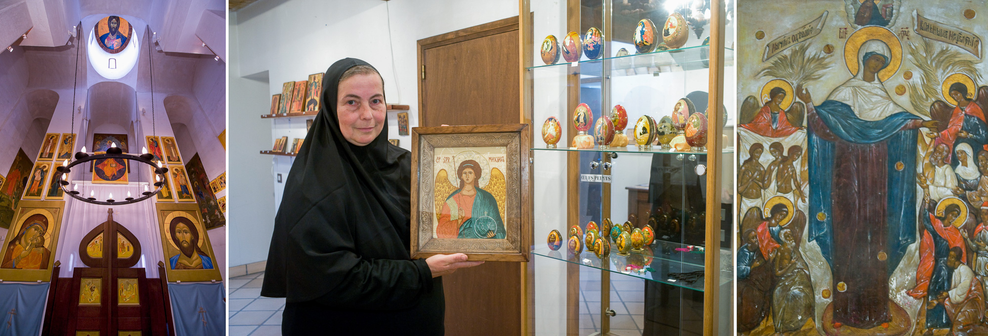 16380 Grassac, église orthodoxe de Korssoune à Doumérac. Religieuse présentant une icone sur tissu brodé, dans la boutique.