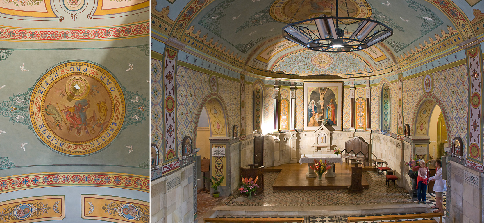 Momas, l'église et ses murs aux décors géométriques très colorés.