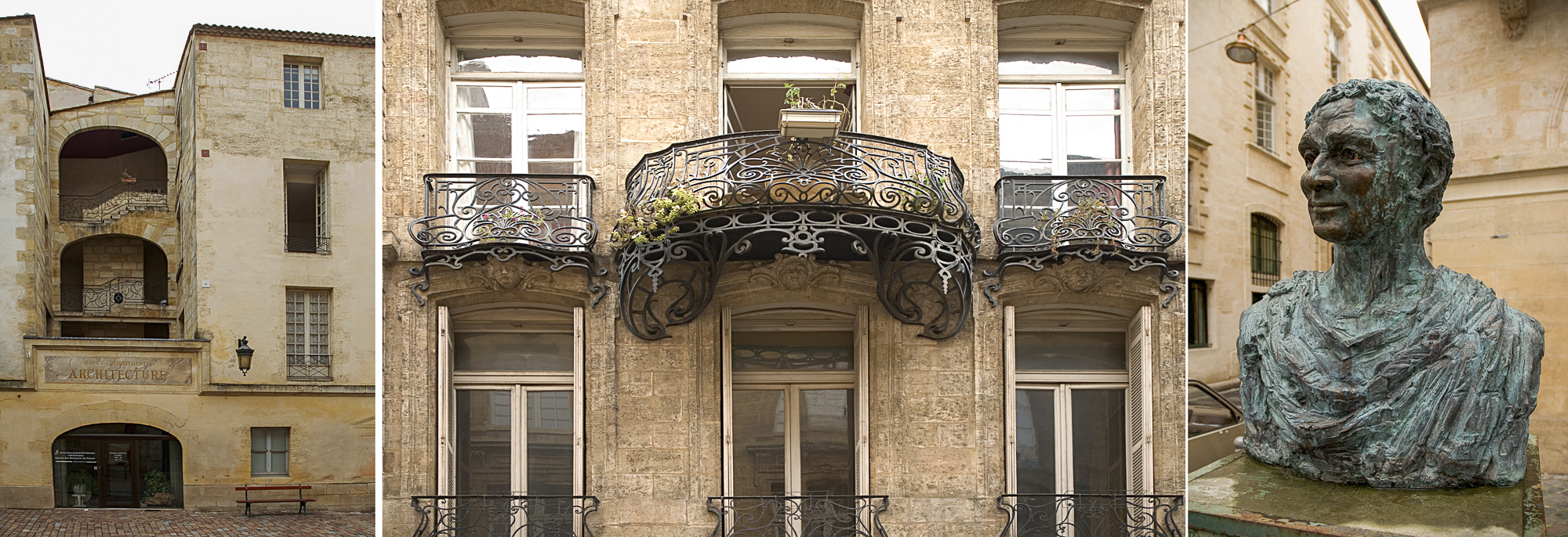 Place Raymond Colom - balcon en fer forge rue Ausone et buste du poète