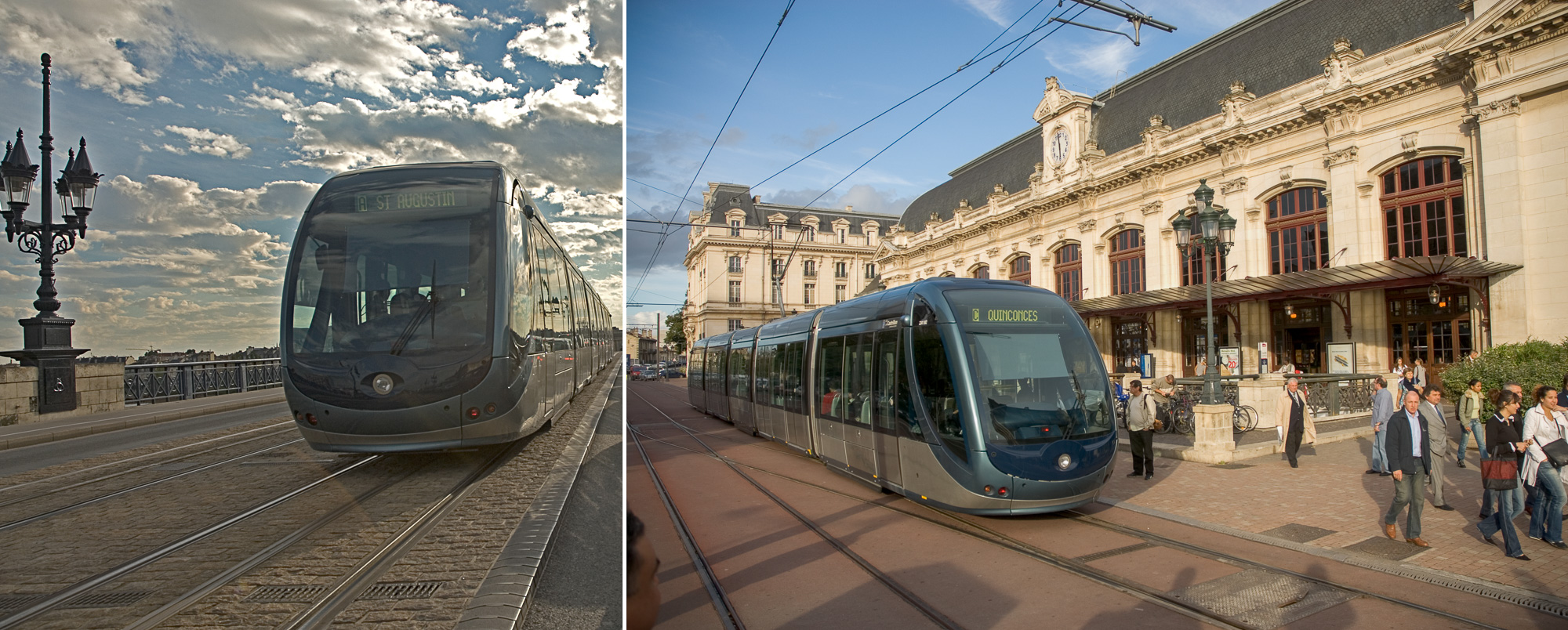 Le Tramway  sur le Pont de Pierre et devant la Gare Saint-Jean .