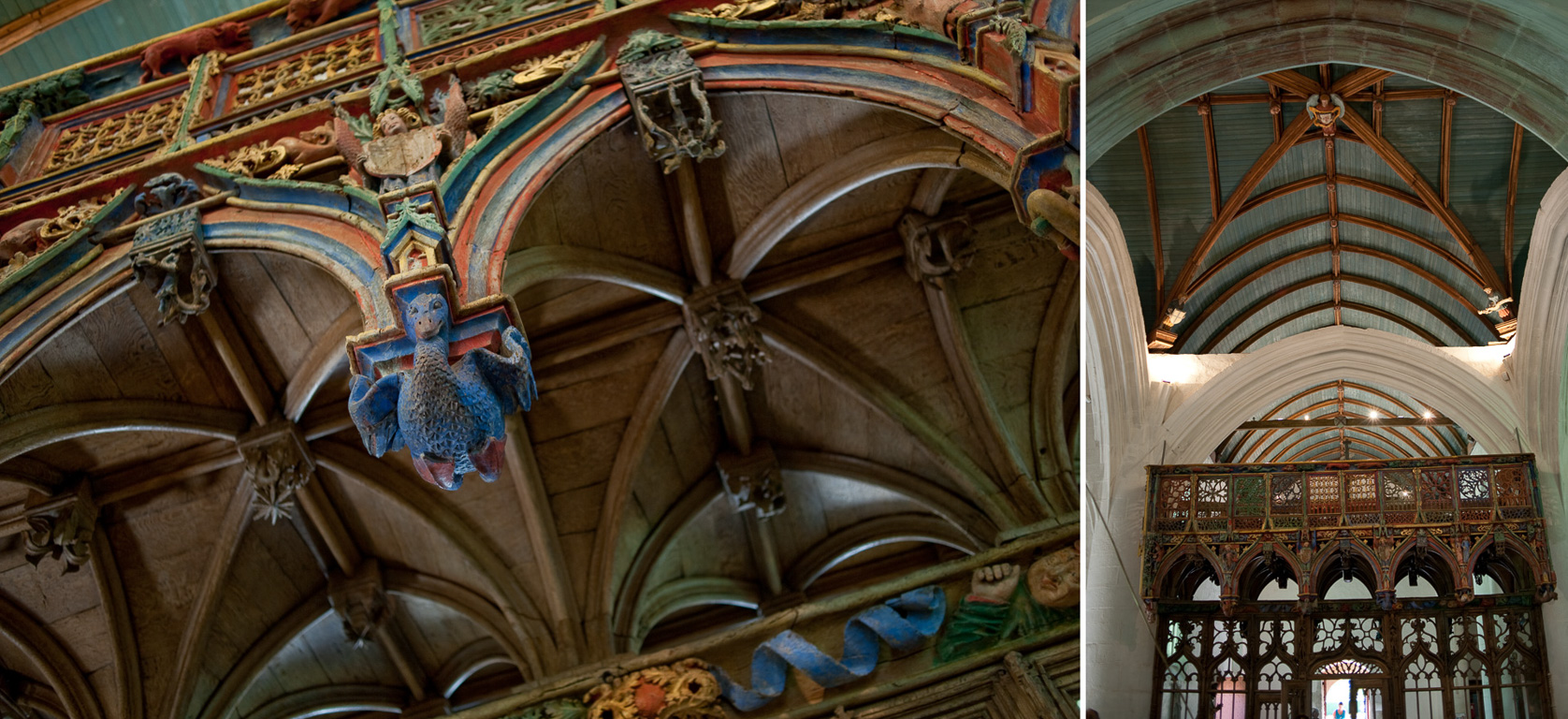 Le Faouet. Chapelle Saint-Fiacre. le Jubée en bois polychrome et le plafond en "coque de bateau retournée".