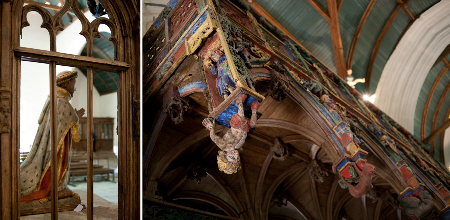 Le Faouët. Chapelle Saint-Fiacre. Le Jubée en bois polychrome.