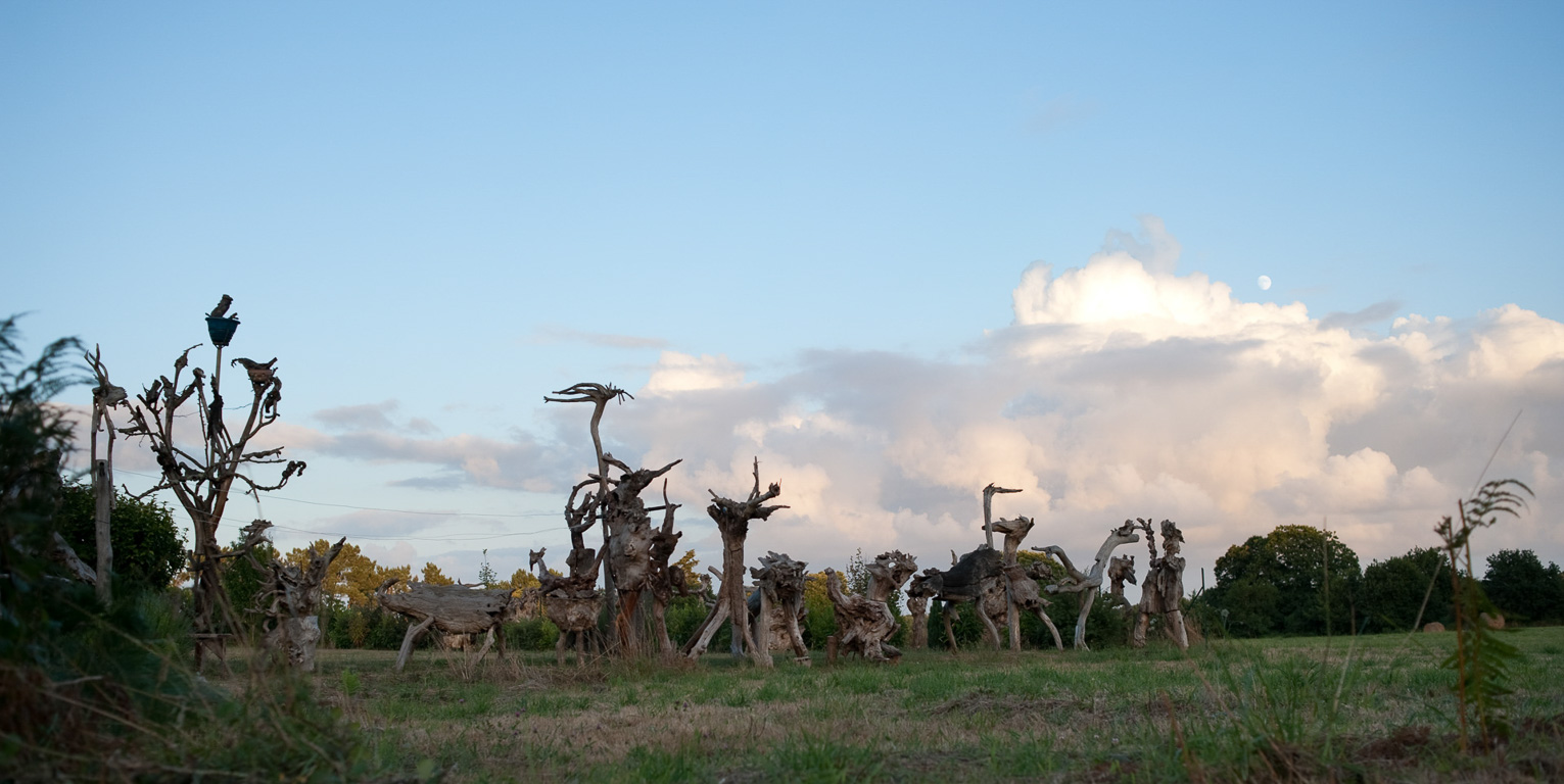 Sculptures "Art Brut" d’André Morvan, dans le jardin et dans la cour du bar Le Mont Salut à Ploermel, sur la route d’Auray - Quiberon.