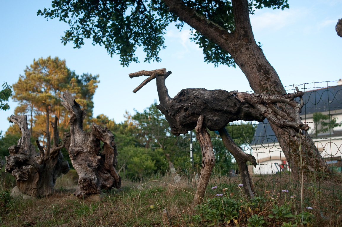 Sculptures "Art Brut" d’André Morvan, dans le jardin et dans la cour du bar Le Mont Salut à Ploermel, sur la route d’Auray - Quiberon.