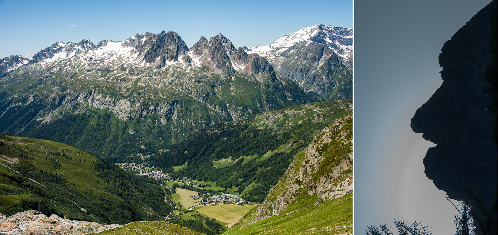 Randonnée sur le glacier du Plan. Vue sur la vallée. La montagne prend la forme d'une tête d'homme.