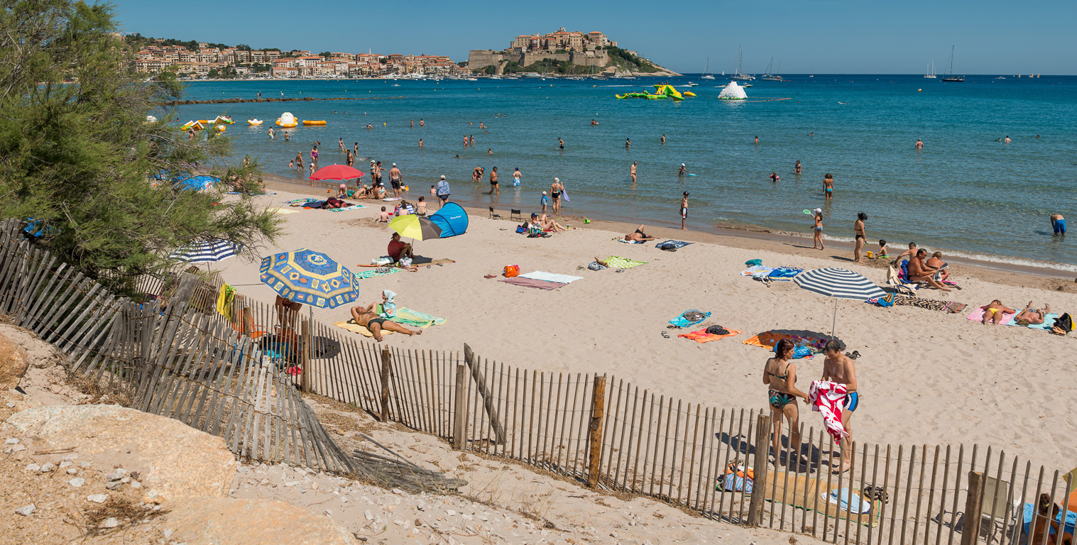 Calvi. La plage de la Pinède et la cité fortifiée.