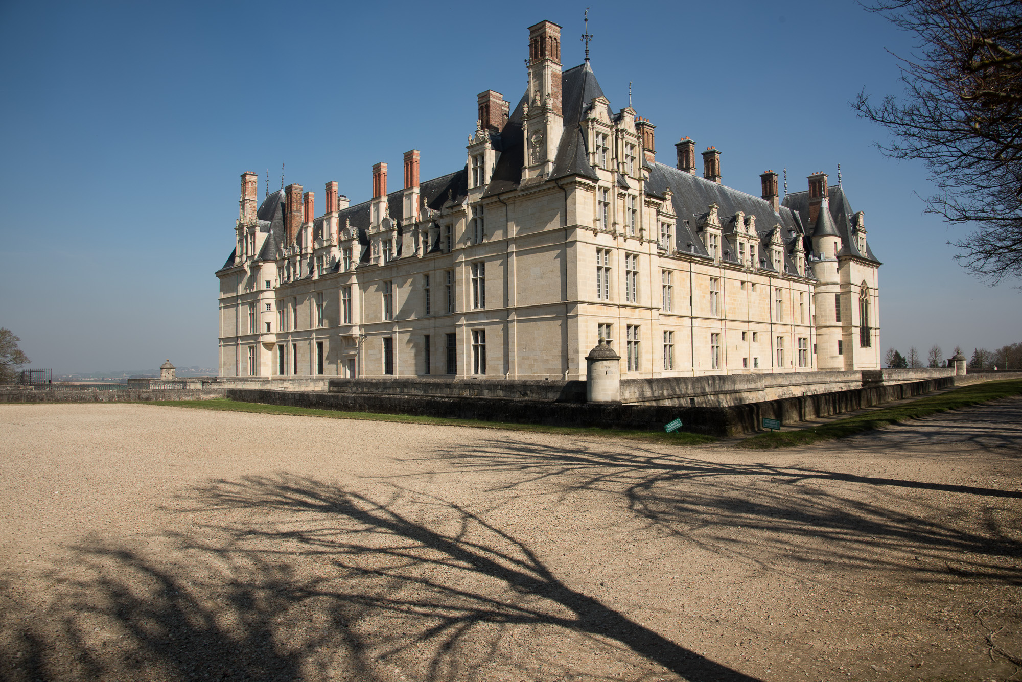 La construction est quadrangulaire, flanquée de 4 pavillons, avec deux corps de logis, face à face.