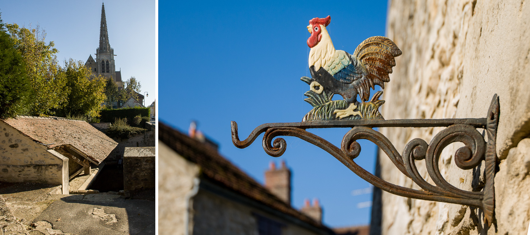 Baron. Le lavoir et l'église. Enseiigne d'un restaurant.