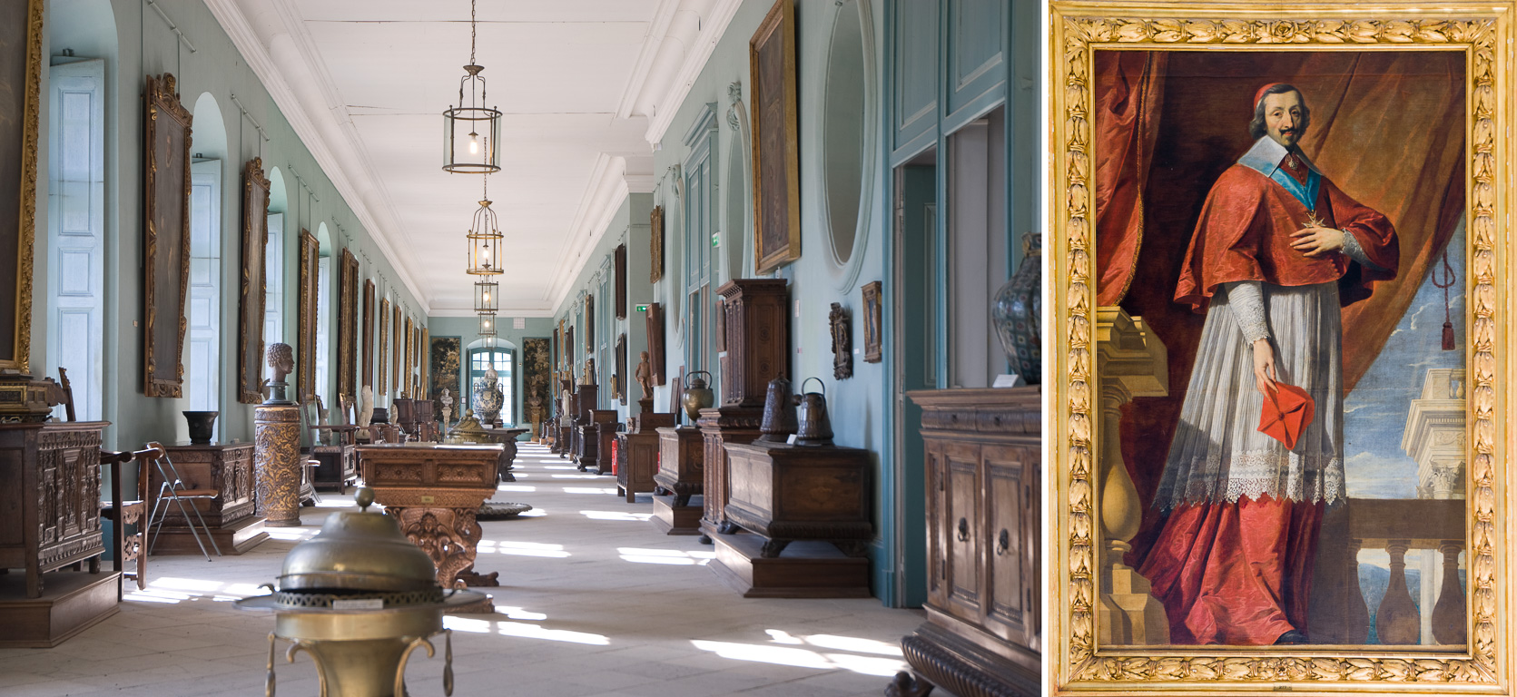 Musée de l'Abbaye de Chaâlis. La Galerie Haute et portrait du Cardinal de Richelieu par Philippe de Champaigne (XVIIème siècle).