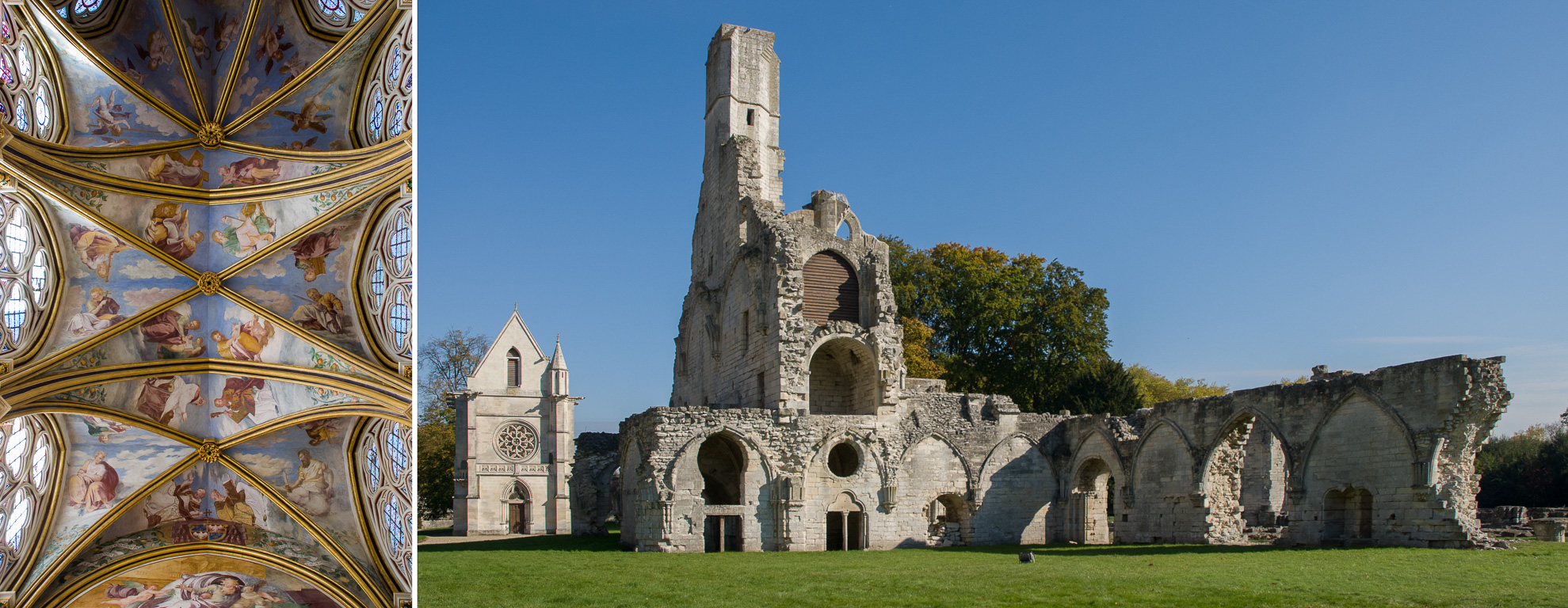 Abbaye de Chaâlis à Fontaine Chaalis. A gauche, fresque de Primatice sur les voûtains de la Chapelle Sainte Marie.