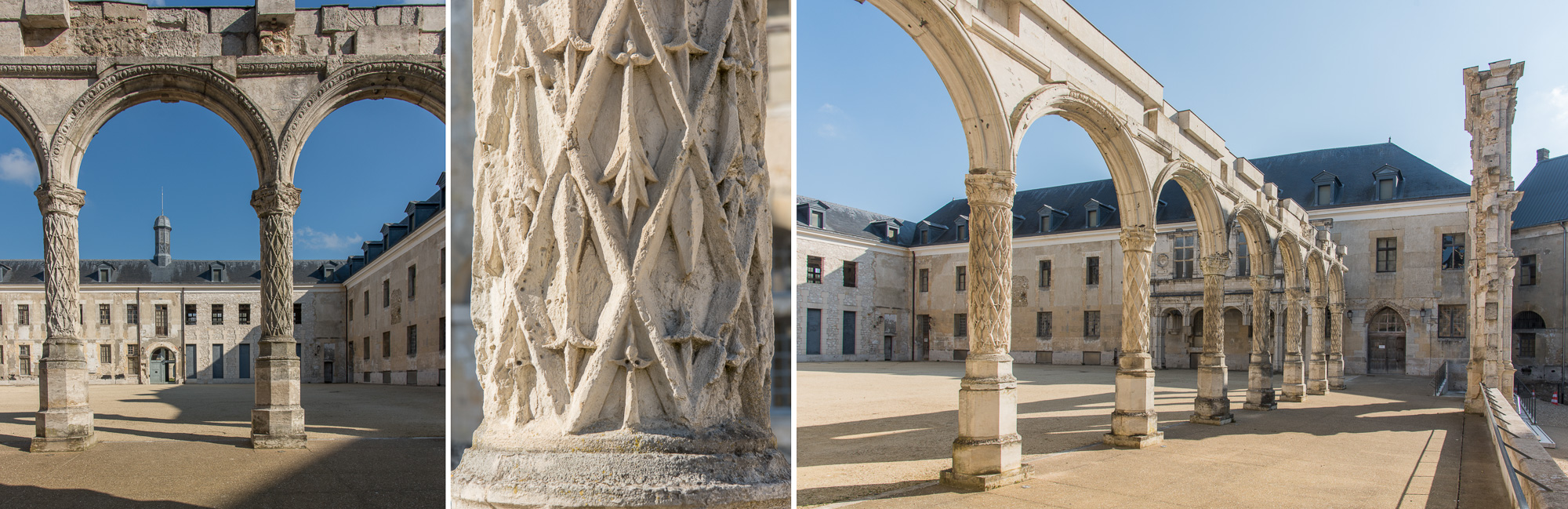 Les arcs surbaissés donnent accés à la cour d'Honneur. Détails des colonnes, au fût couvert d'un réseau losangé de mouchetures d'hermines, alternant avec des fleurs de lys (qui ont été grattées).