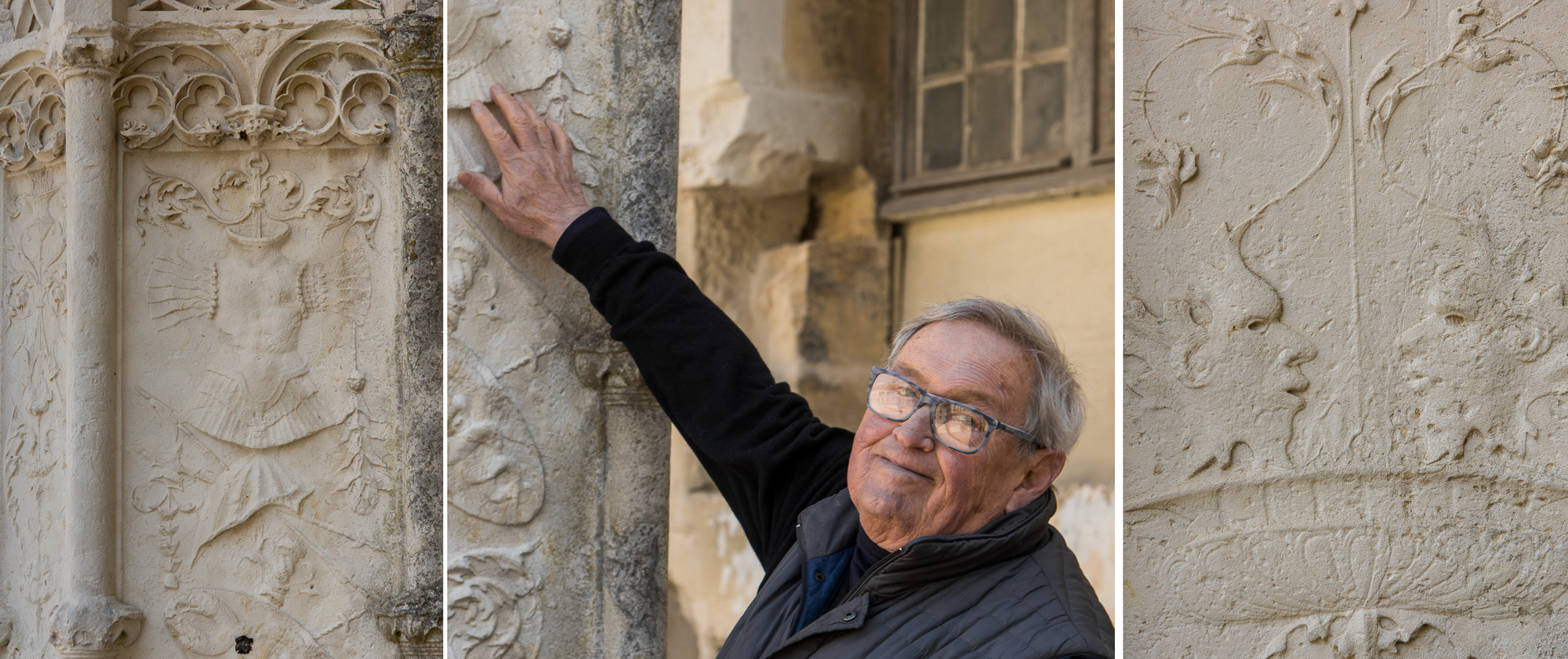 Yves Domergues , designer conseil et Président de l'association ARC pour la préservation du château, Trés beau décor à candélabre sur un pilier du portique du logis donnant sur la cour d'honneur. Exemple majeur de la comnbinaison de la 1ère Renaissance encadré par un décor du gothique flamboyanrt.