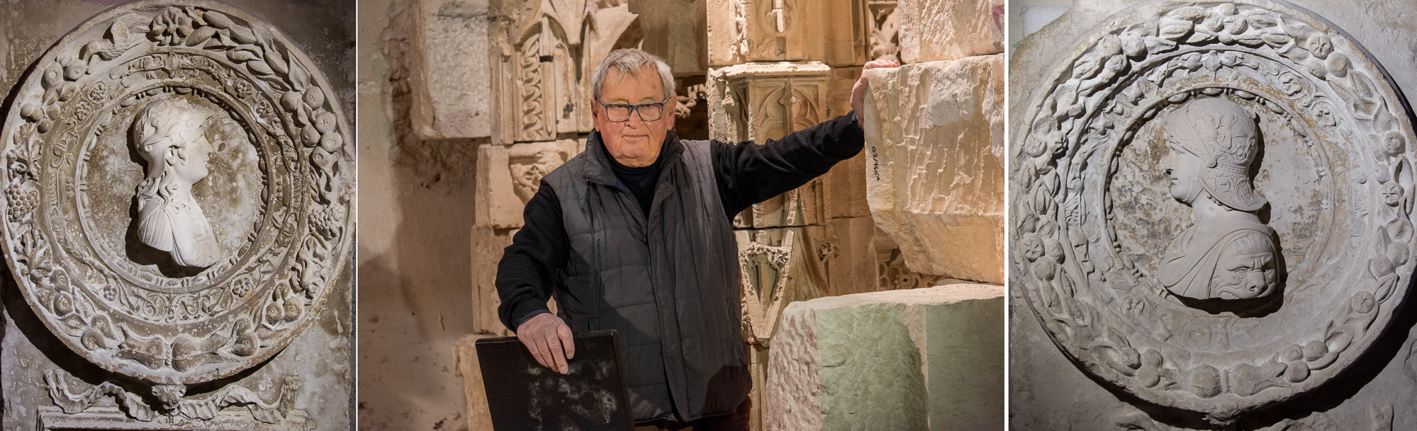 Yves Domergues , designer conseil et Président de l'association ARC pour la préservation du château. Bloc de pierre calcaire sur lequel a été sculpté un cadre circulaire végétal (tondo). Sur le plat des tondi ont été scellés des profils d'applique en marbre importés d'Italie, représentant des empereurs au personnages antique. Minerve à gauche et Mars ou Scipion à droite.