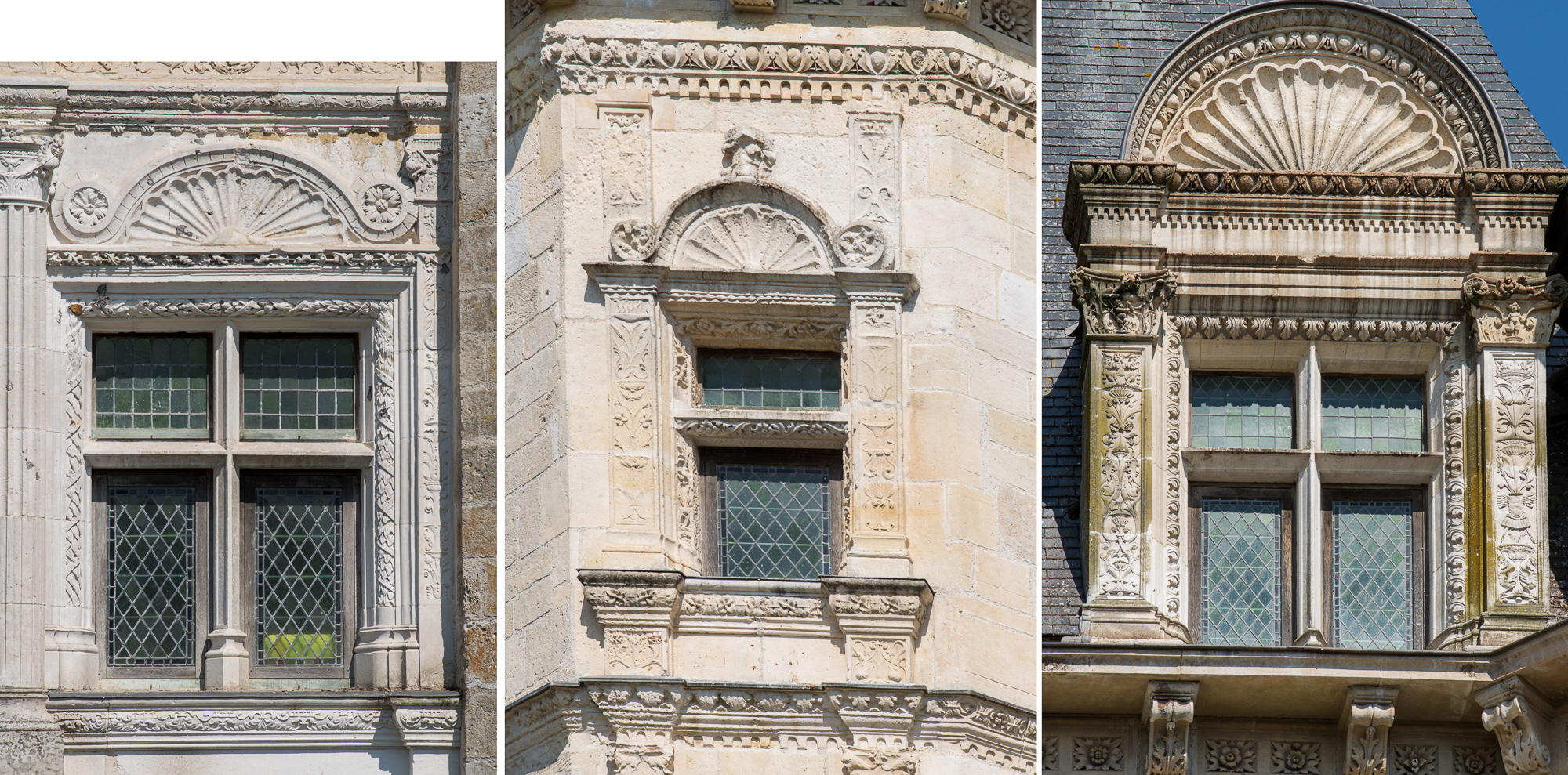 Vues du pavillon d'entrée. Tympan en forme de coquille surmontant une fenêtre, entouré de Fenêtres à meneau vertical et traverses en pierre, surmontées d'une coquille.