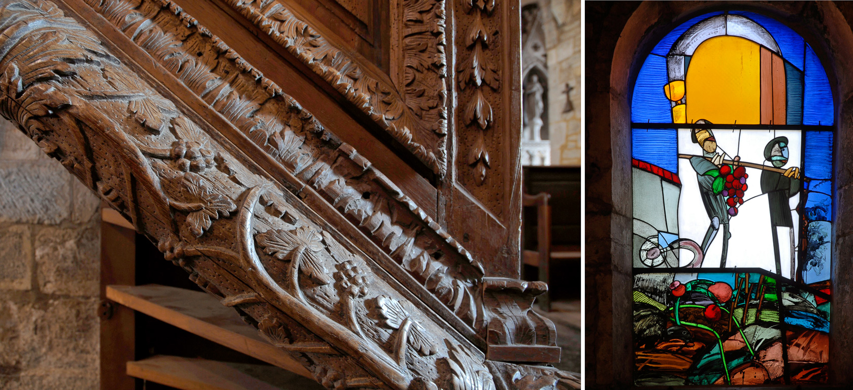 39660 Arbois église Saint-Just chaire en bois sculpté et vitrail inspiré de la fête du Biou.