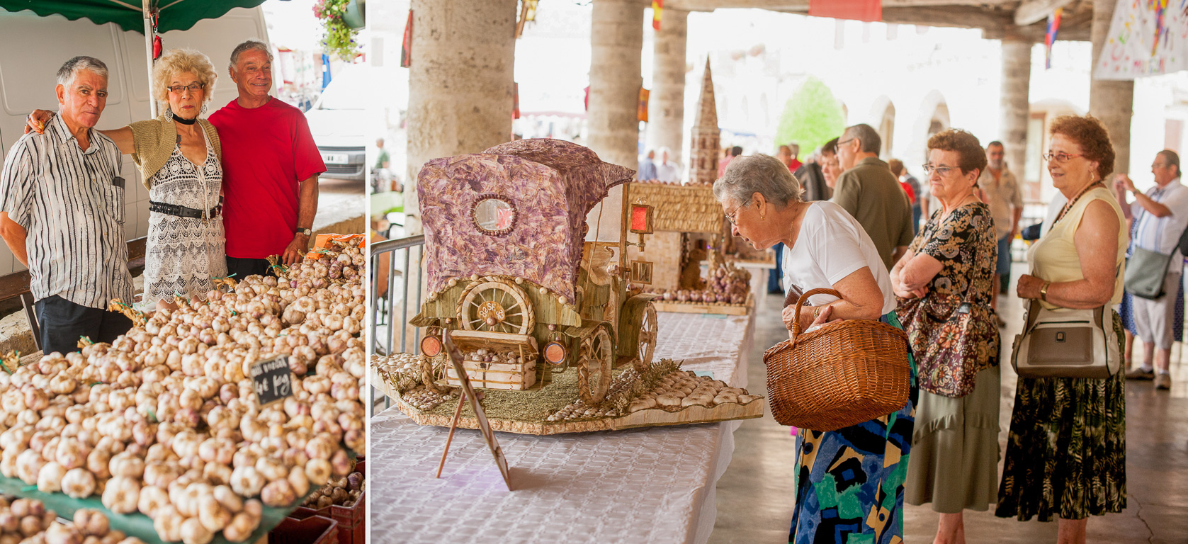 La Halle. Le lundi, foire de l'ail. Dix œuvres à base d'ail concourent entre les villages de Mauvezin - Beaumont - Saint-Clar et Cadours