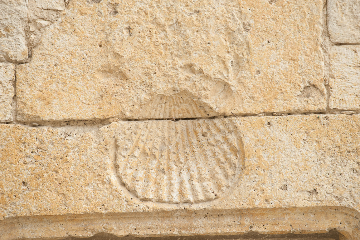 Coquille Saint-Jacques gravée sur l'imposte d'une maison