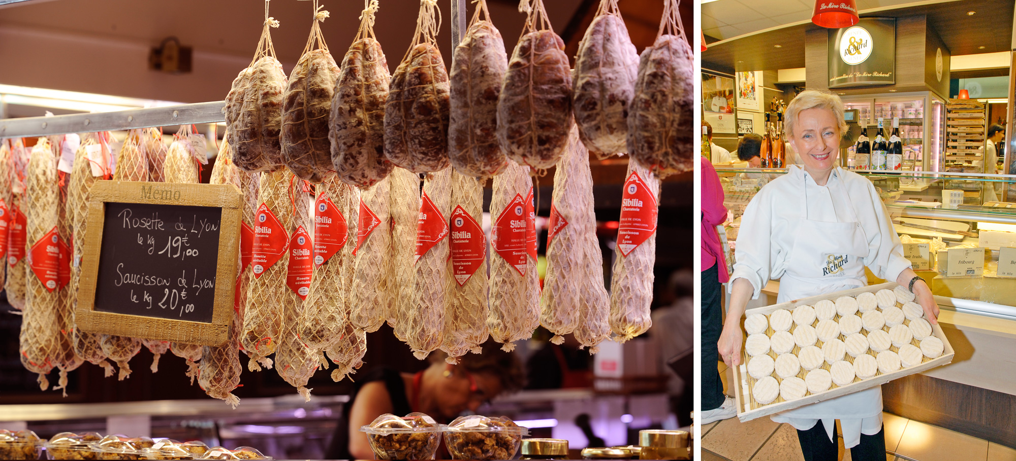 Marché des halles Bocuse. Fromagerie renée Richard, spécialiste du Saint-Marcellin et charcuterie Sibilia spécialiste de la rosette.