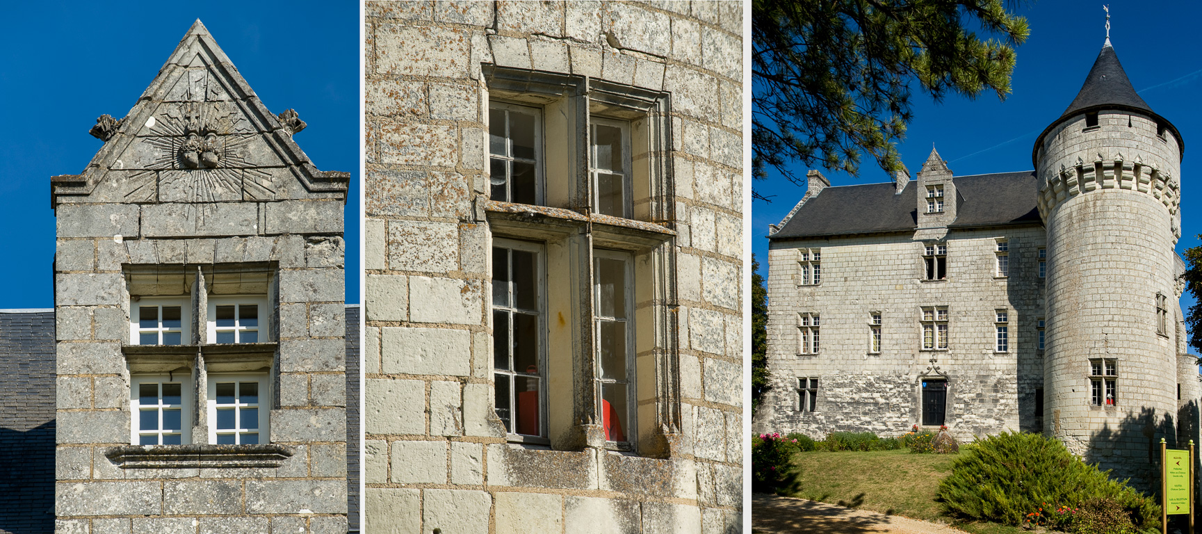 86230 Usseau. Le château de la Motte. Lucarne avec la congrégation de Picpus (2 cœurs) 1869,  fenêtre ouverte dans la tour au XIX ème et façade du XVème siècle.