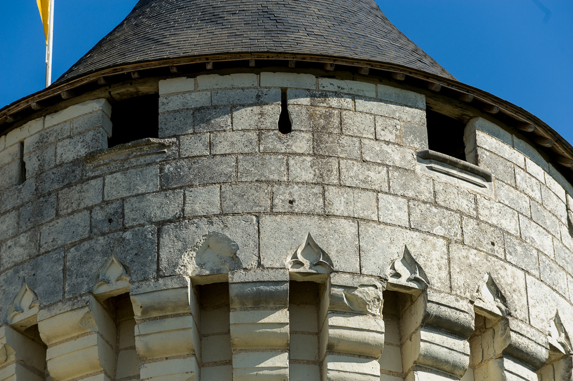 86230 Usseau, le Château de la Motte XVeme siecle.  Couronne de la tour avec créneaux, archère et machicoulis.