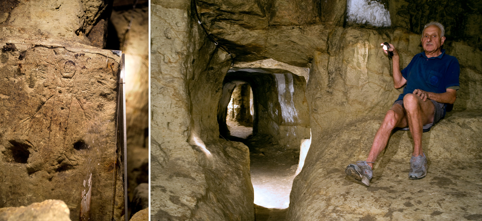 86100 Availles-en-Chatellerault. Le souterrain refuge. Les glyphes et la salle des Veillées avec  banc.