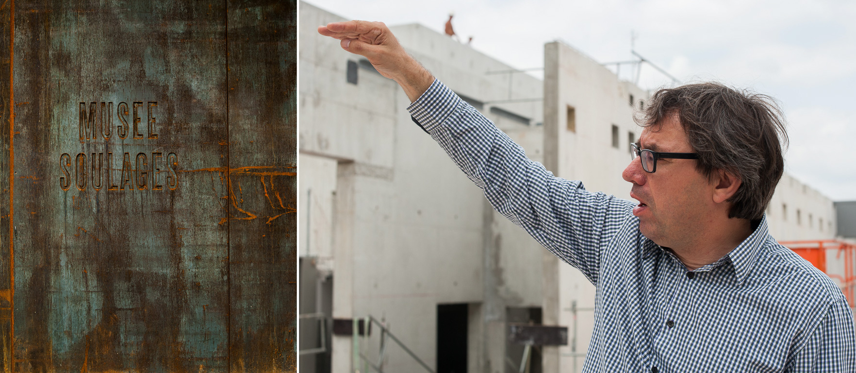 Chantier du Musée Pierre Soulage. Le conservateur Benoit Decron.