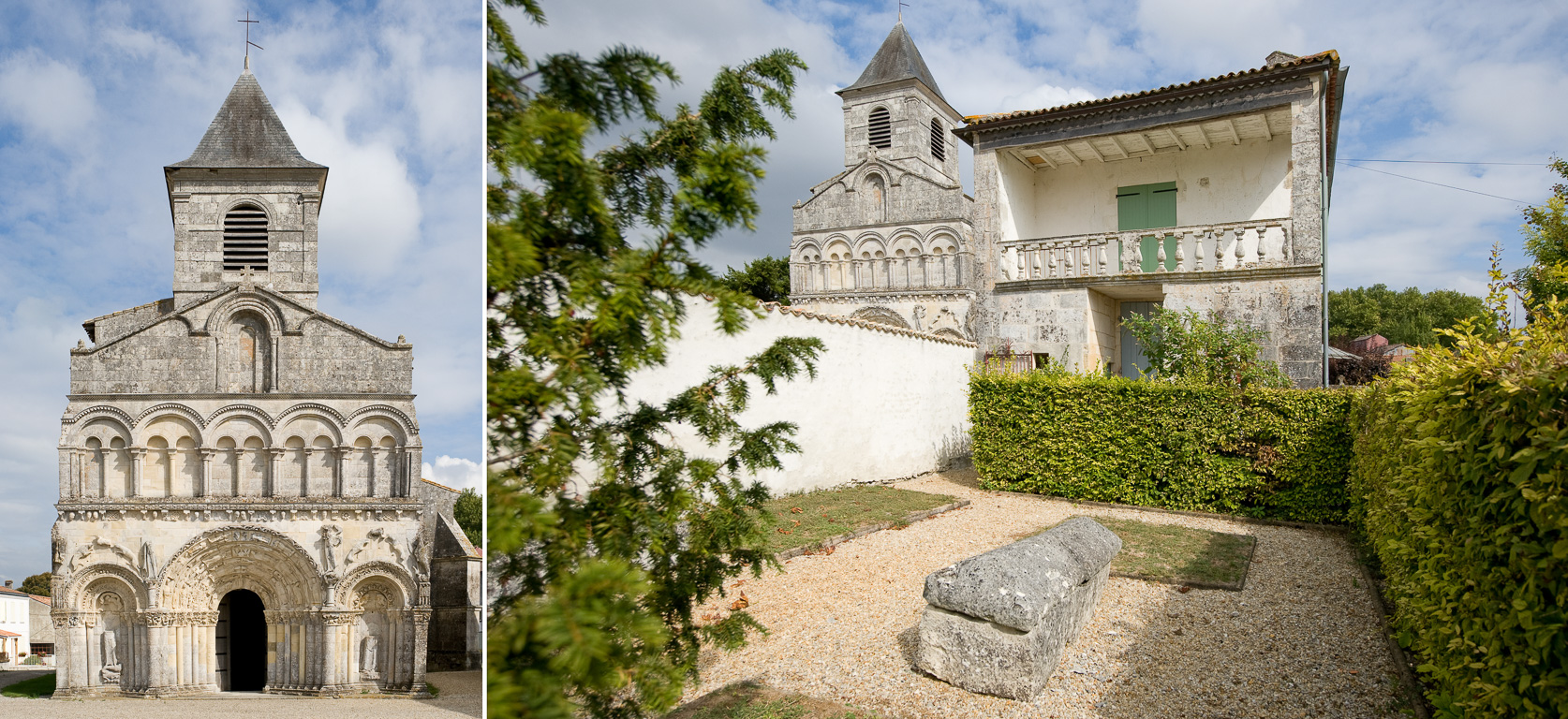 17800 Chadenac. L'église romane Saint-Martin. Le jardin archéologique mérovingien et le presbytère avec sa loggia italianisante.