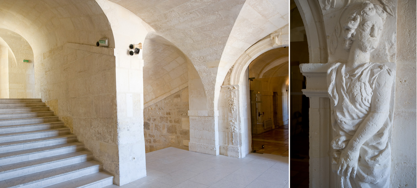 17100 Saintes. Abbaye aux Dames. Un grand escalier dessert les étages, dont le couloir annulaire.