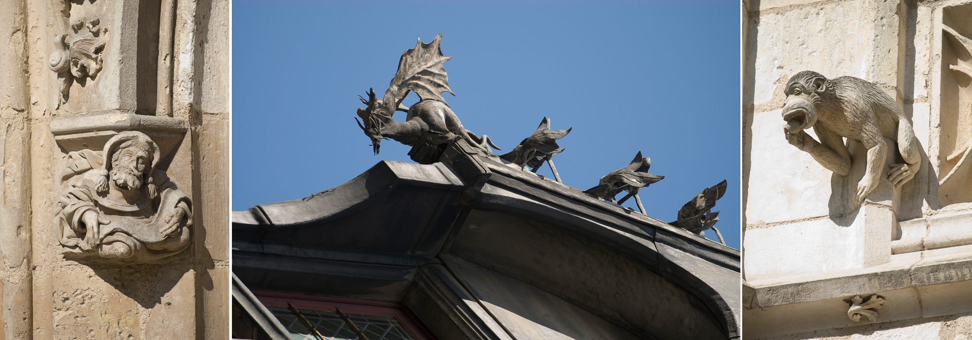 18000 Bourges Palais Jacques Coeur. Détails sculptés sur la façade et éléments en zinc sur le  toit.