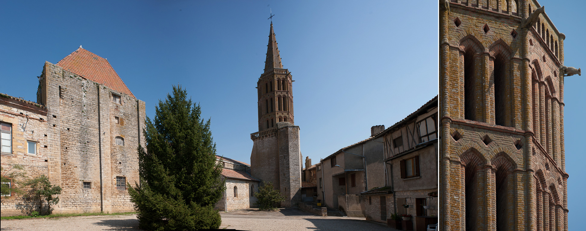 Montricoux. A gauche, le donjon (2587) bien plus haut qu’il ne l’est actuellement, comprenait une salle basse voûtée, sans autre ouverture à l’origine que d’étroites meurtrières sur la façade sud.