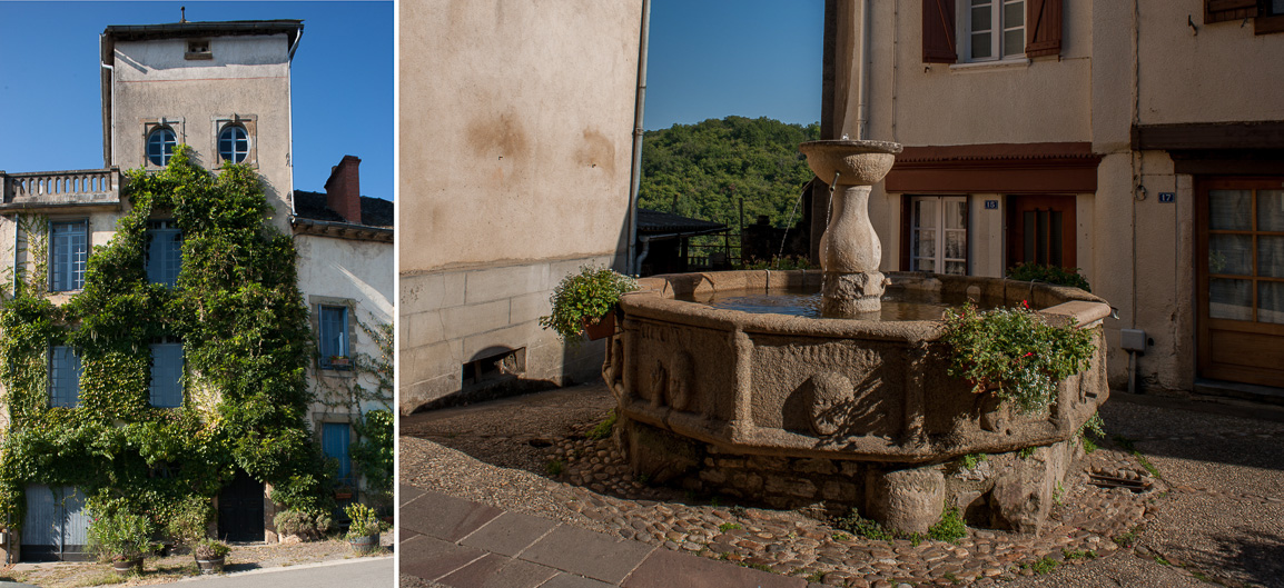 Najac. La fontaine des Consuls, creusée dans un bloc monumental de granite rose, comporte une dédicace en latin rappelant la date de sa construction et les noms des consuls qui en furent les commanditaires.