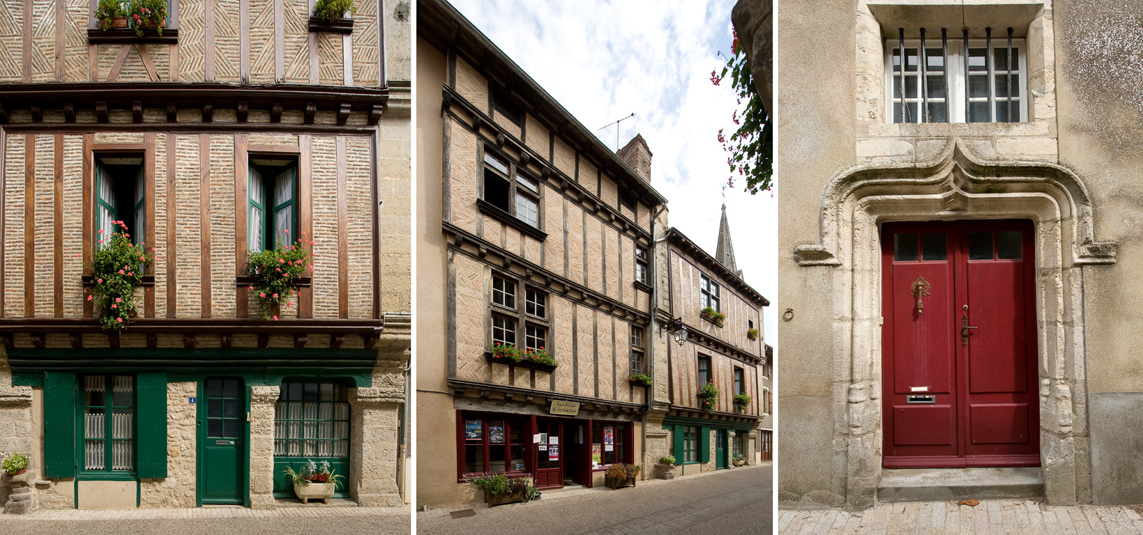 Saint-Loup sur Thouet. Maisons à colombages et porche Renaissance en accolade, Grande-rue Théophane Vénard.