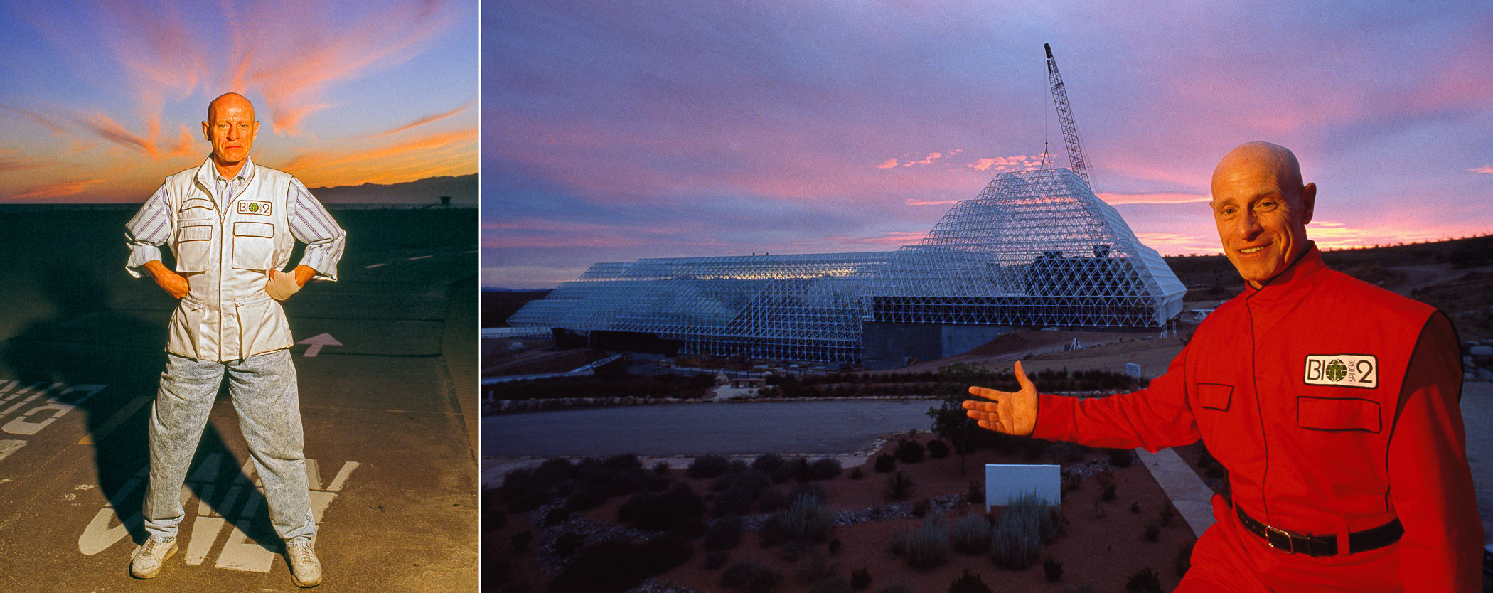 A gauche : Californie, Los Angeles, Venice Beach. A droite : Arizona, Oracle - Roy Walford, professeur de biologie à UCLA  va s'enfermer pour 2 ans dans la Biosphère.