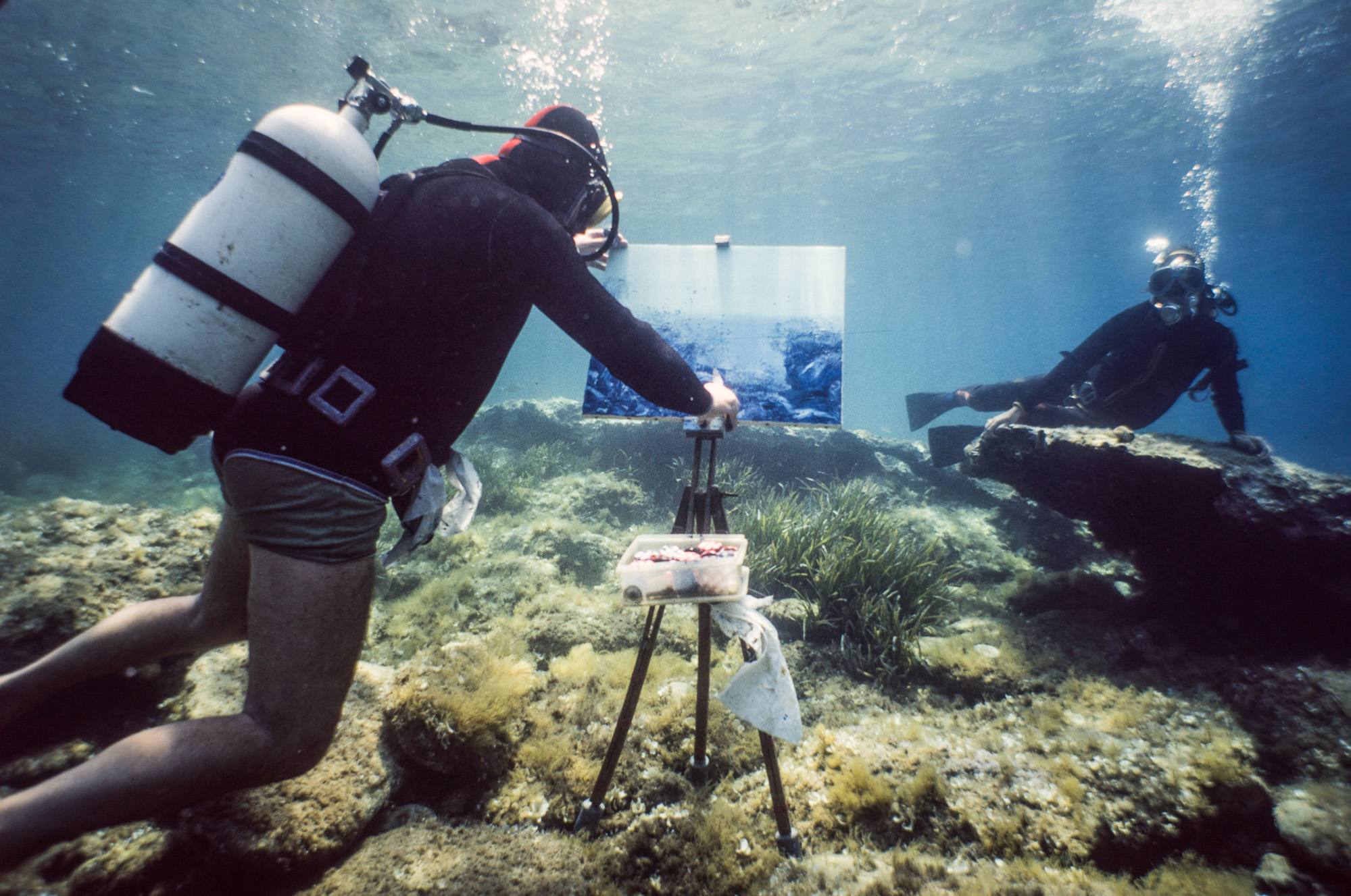 Jamy Veheylewegent en train de s'adonner à son sport artistique favori, la peinture sous l'eau. Une sirène pause pour l'artiste sur un rocher.