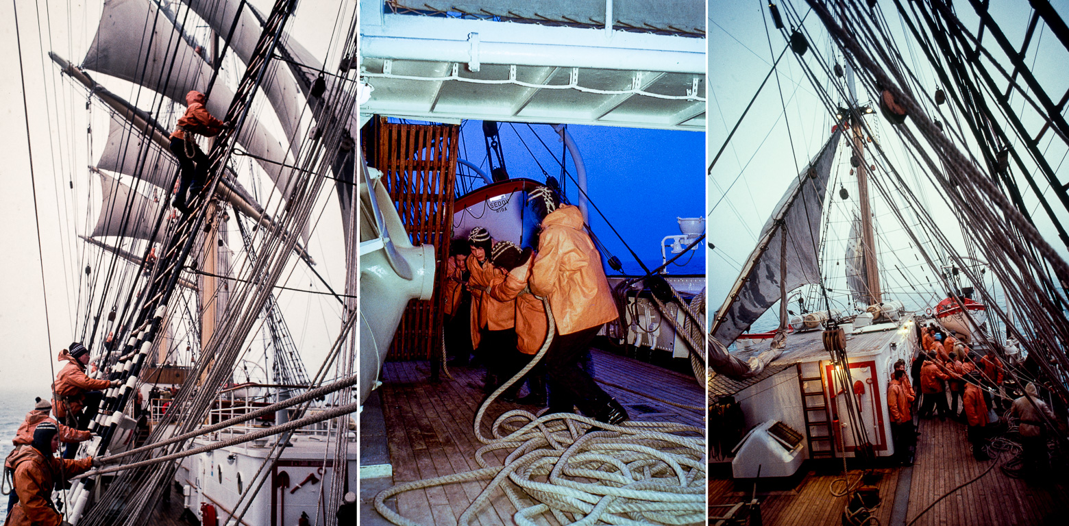 Sur le plus grand voilier du monde. Le travail de l'équipage est épuisant quand il faut tirer sur des cordages humides pour étarquer les voiles.