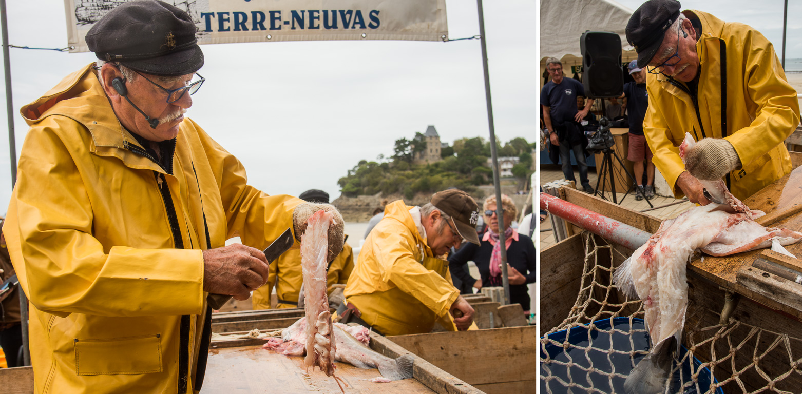 Dinard. L'association Mémoire et Patrimoine des Terre-Neuvas. Démonstration de découpe de la morue. Tranchage.